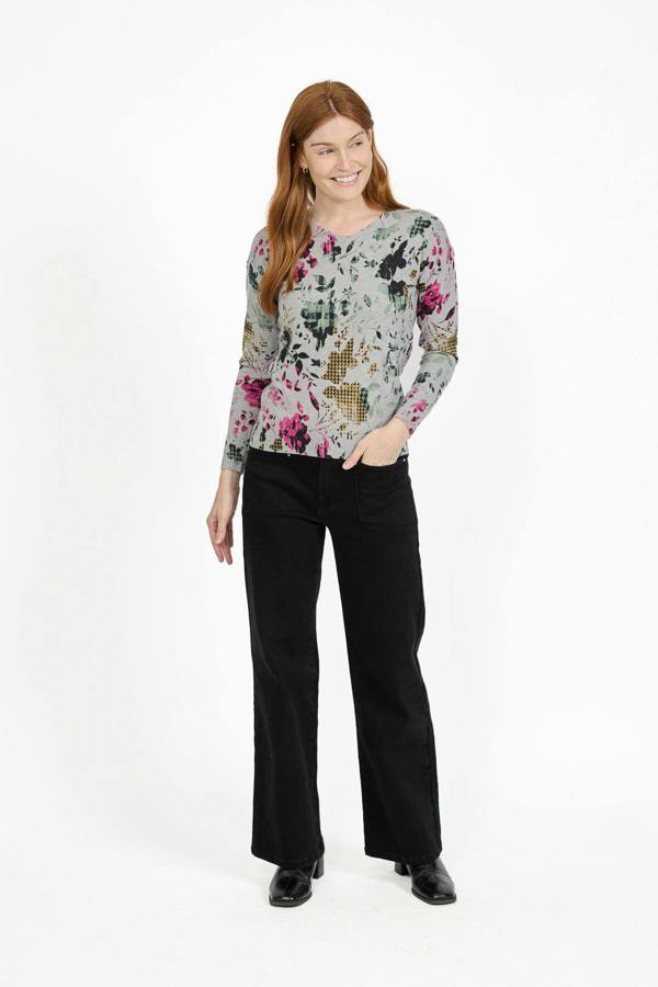 Mudflower Floral Print V-Neck Lightweight Knit Jumper