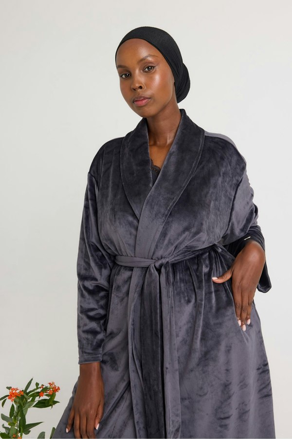 Velour Longline Dressing Gown in Raven - Robes