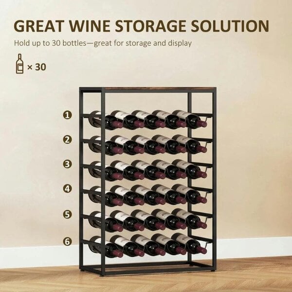 30 Bottles Wine Rack, 6 Tier Free Standing Wine Storage Holder with Wood Effect Tabletop, Rustic Brown