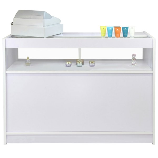 Brilliant white retail display counter with a sleek design, featuring a cash register and colorful skincare products on top