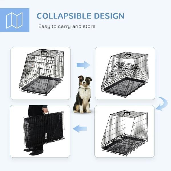 Collapsible black dog crate with wire frame and arrows showing fold and unfold