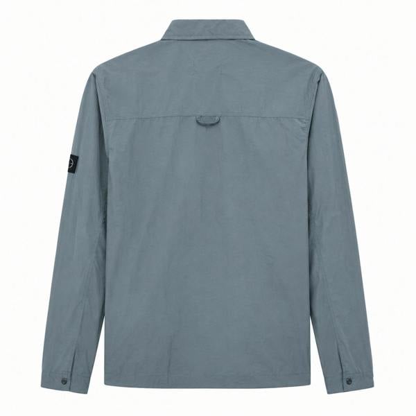 Back view of a storm grey Marshall Artist Cayton overshirt featuring a classic collar and sleeve logo patch.