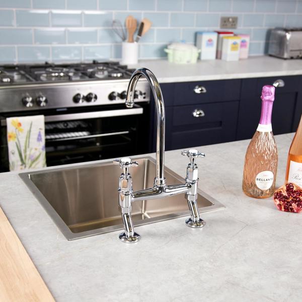 Flode Larvik | Kitchen Crosshead Bridge Mixer Tap | Polished Chrome Finish