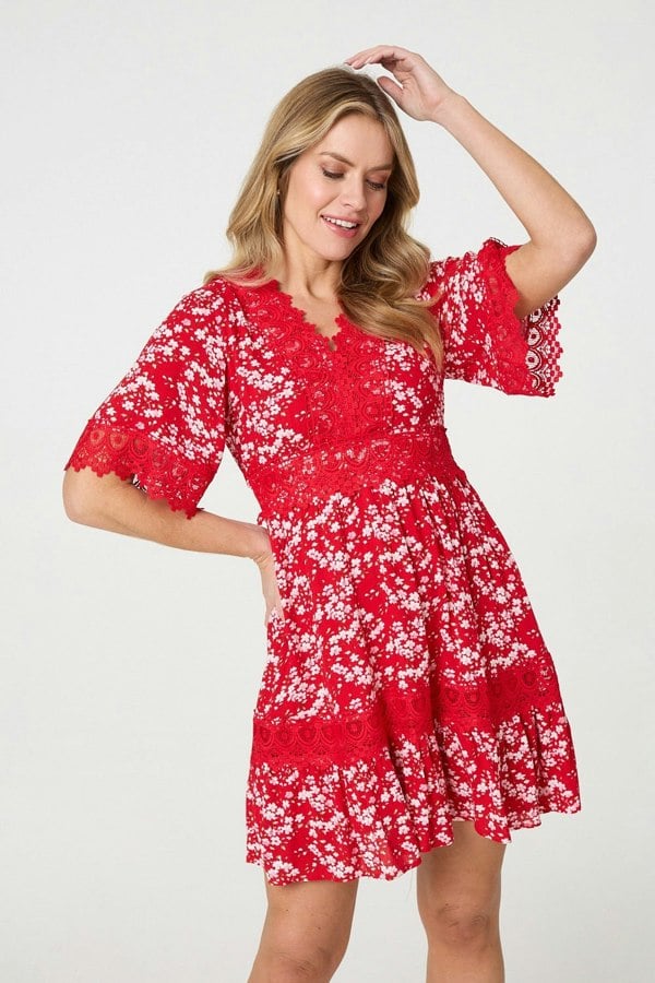 Red | Floral Lace Trim 1/2 Sleeve Mini Dress : Model is 5'10"/178 cm and wears UK8/EU36/US4/AUS8