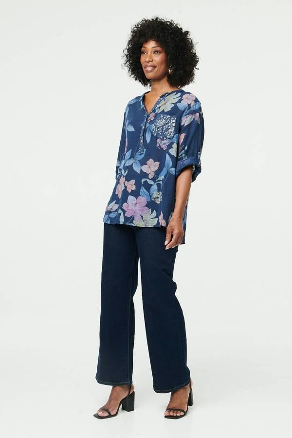 Navy | Floral Curve Hem Turn-Up Sleeve Blouse