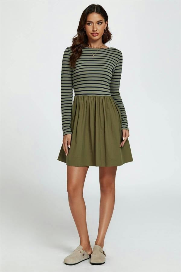 FS Collection Long Sleeve Stripe Mini Dress In Olive