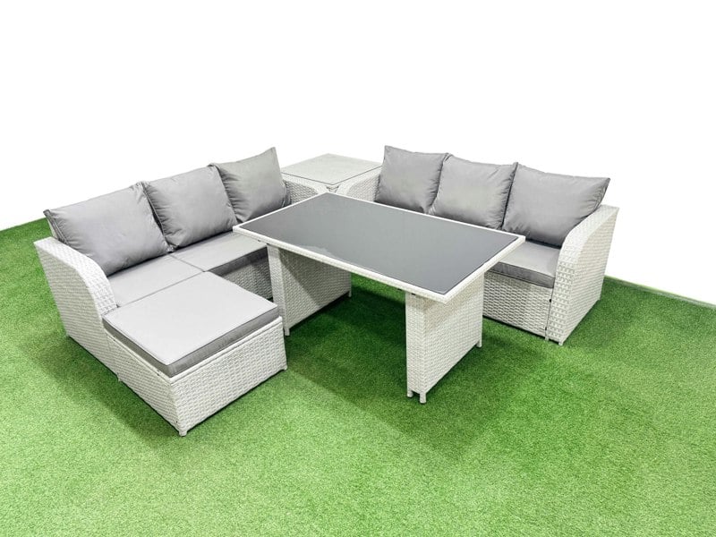 Fimous 7 Seater Rattan Outdoor Dining Table 3 Seater Sofa Set with Side Table Big Stool Light Grey