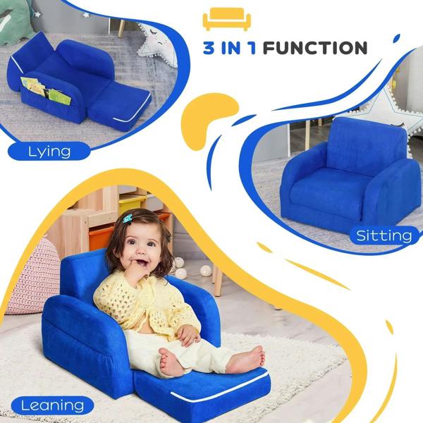 Blue kids sofa bed in seating and lounging style with padded cushions and white piping