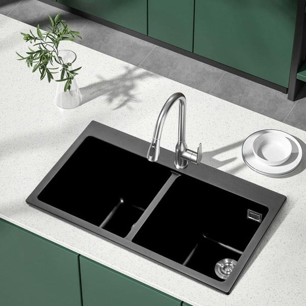 Quartz Undermount Kitchen Sink Double Bowl Black Living and Home