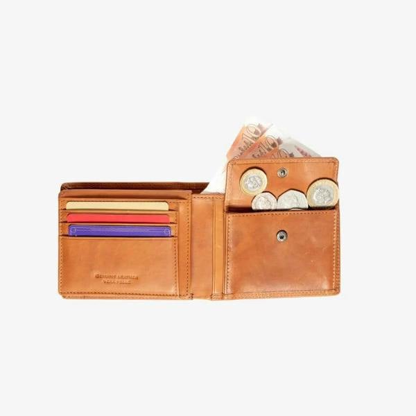 Tan leather wallet with coin pocket and card slots on a white background