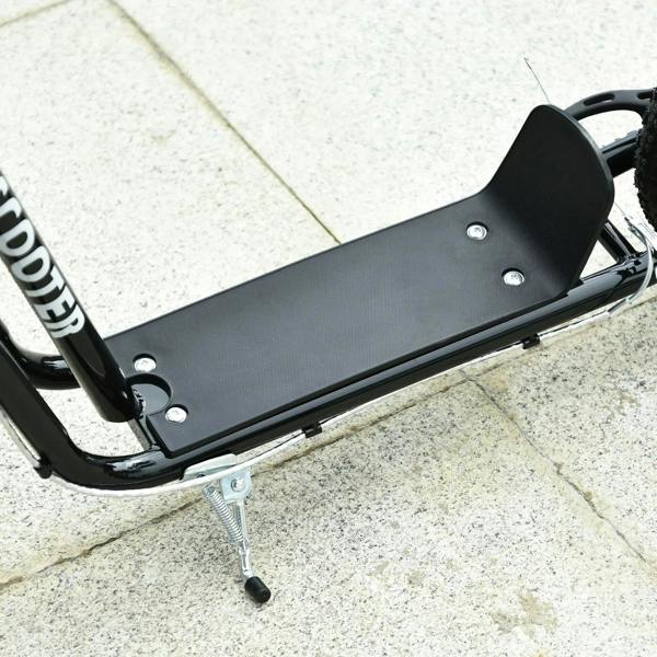 Black scooter deck with kickstand and steel support, front frame and wheels partially visible