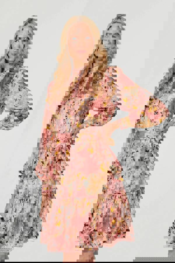 Red | Floral Long Sleeve Short Shirt Dress