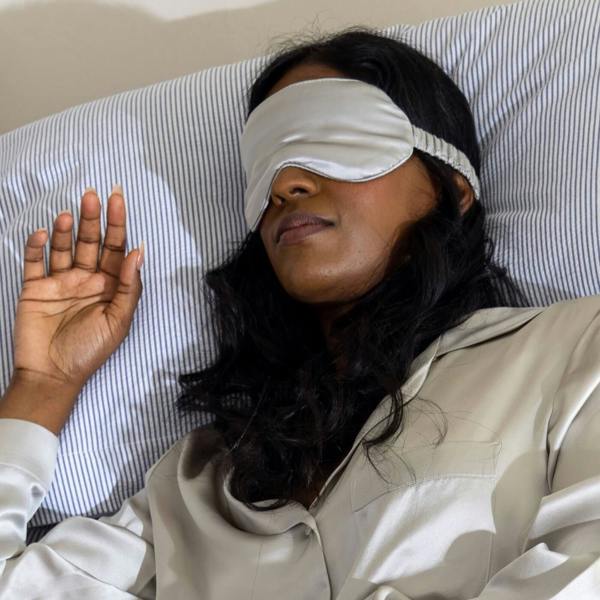Antique Silver Pure Mulberry Silk Eye Mask bedroom detail | Soak and Sleep