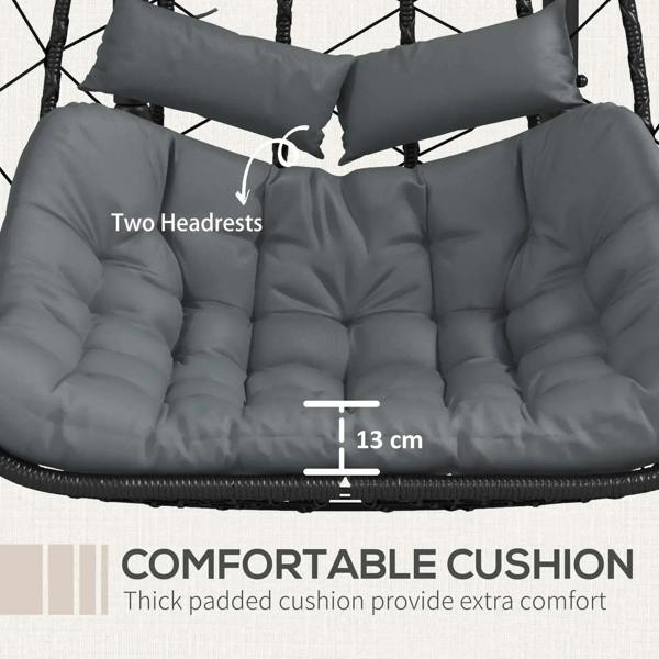 Gray tufted cushion for hanging egg chair with two headrests and stitched padding