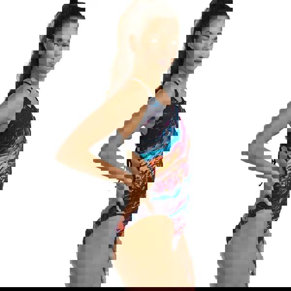 TYR Magmata Durafast Elite Crosscutfit swimsuit in gold rainbow black with abstract flames