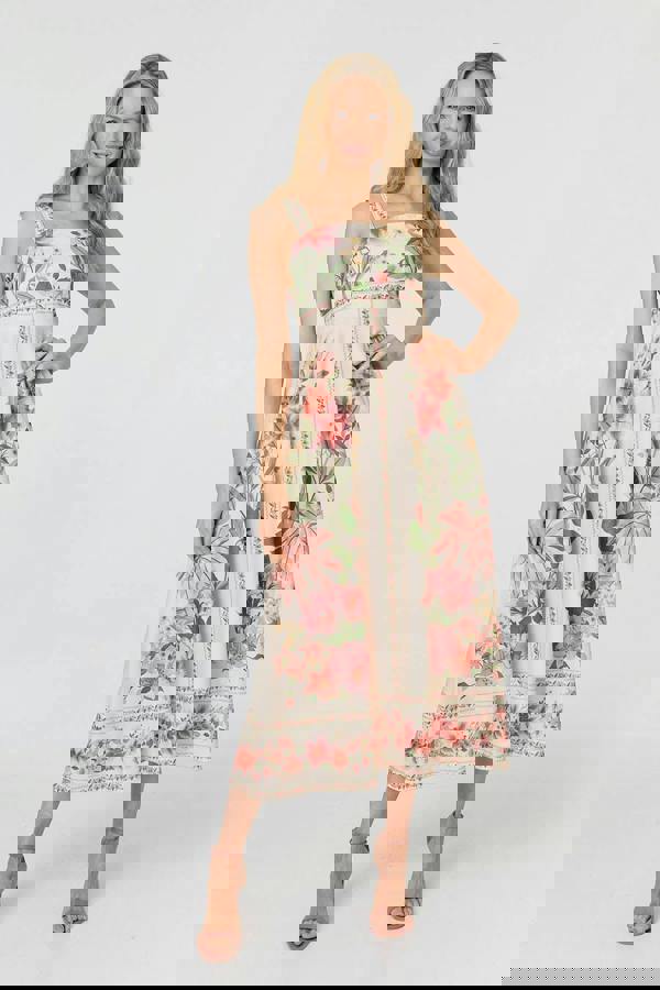 Beige | Floral Border Print Tie Strap Midi Dress
