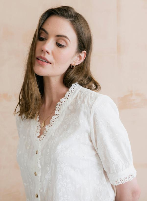 Lily & Me Wren Embroidered Cotton Frill Blouse White