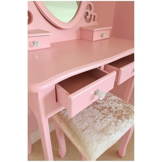 Kosy Koala Pink Heart Dressing Table Makeup Desk Vanity Set White Mirror Drawers Stool