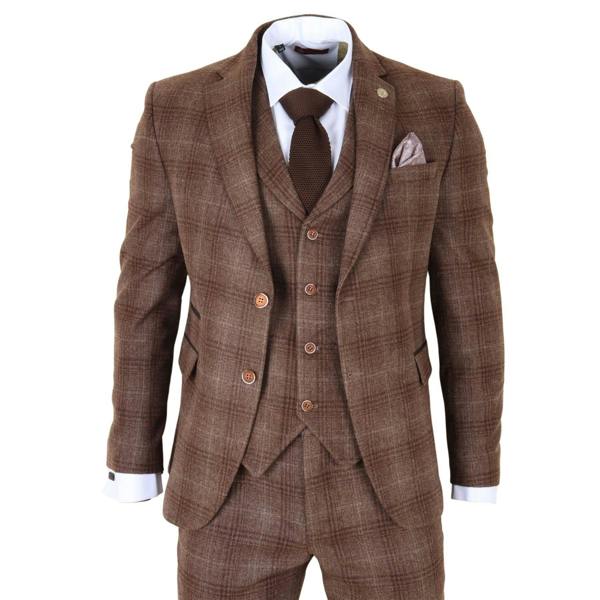 Infinity Leather Men's Formal Brown Tweed  3 Piece Check Vintage Gatsby Style Suit