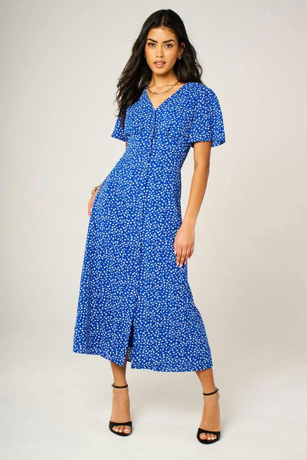 FS Collection Little Floral Print Button Front Midi Dress In Blue