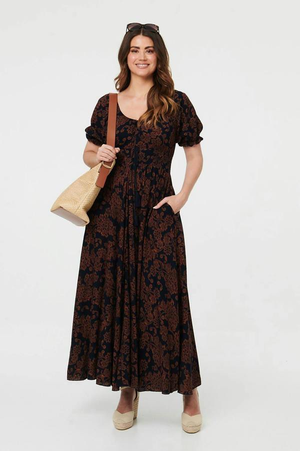 Black | Paisley Short Puff Sleeve Maxi Dress
