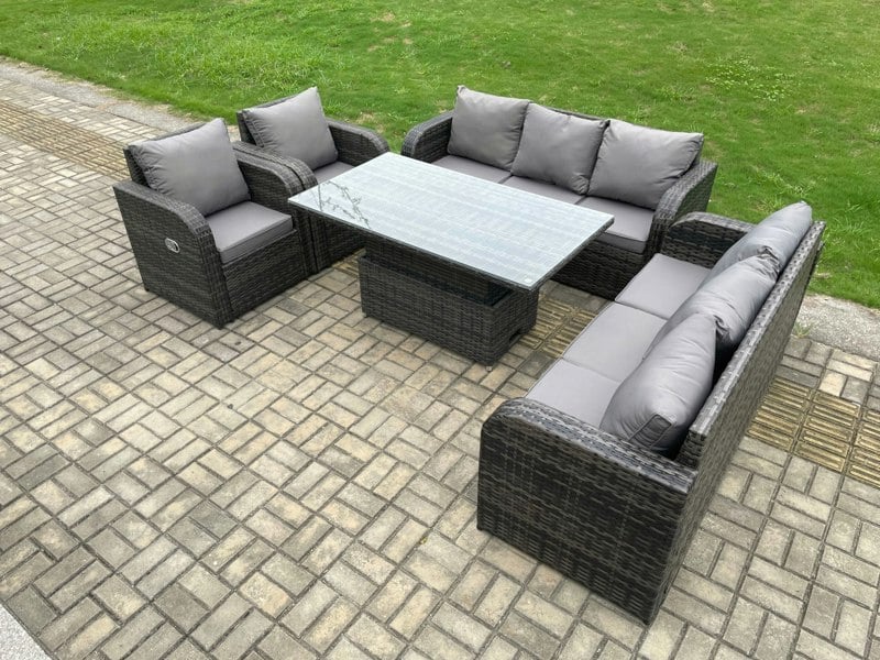 Fimous 8 Seater PE Rattan Outdoor Garden Furniture Sets Height Adjustable Rising lifting DiningTable Sofa Set with Reclining Chair Dark Grey Mixed