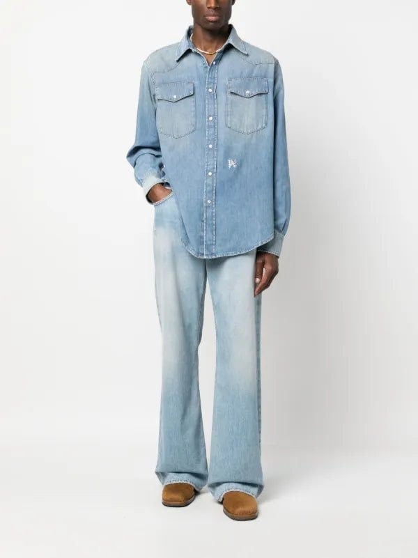 Palm Angels Pa Monogram Denim Shirt Light Blue - Supplied FashionPalm Angels