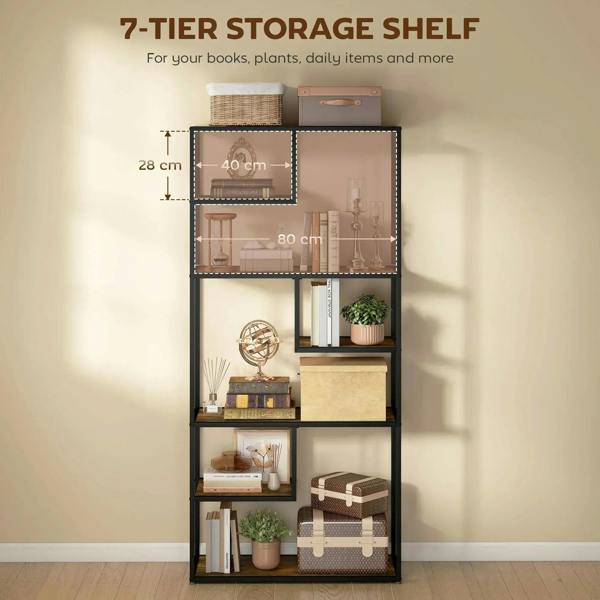 Tier storage shelf with black metal frame and rustic brown open shelves