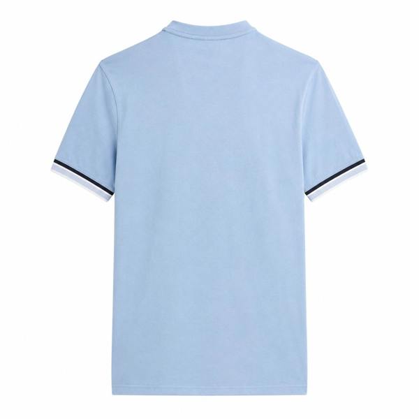 Back view of a powder blue Barbour International T-shirt with striped tipping on the short sleeves.