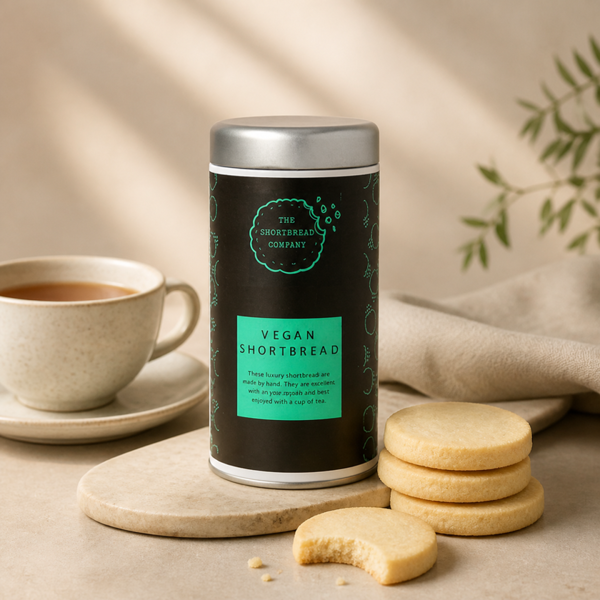 The Shortbread Company luxury Vegan Shortbread tube tin styled with tea on a clean neutral background