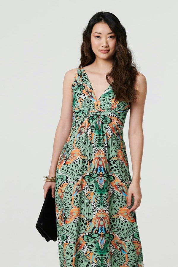 Green | Butterfly Print V-Neck Empire Maxi Dress
