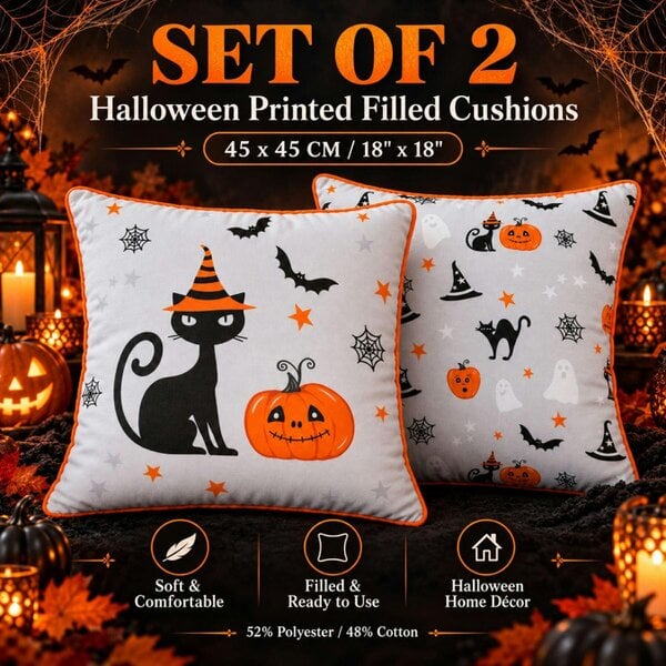 Smart Living Halloween Printed Filled Cushions 45x45cm - Set of 2 or Set of 4 - (45cm x 45cm) - 2 Pair - 2