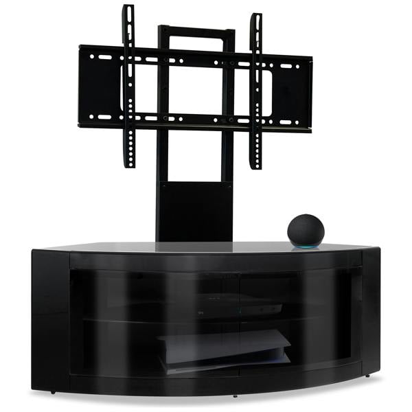 Homeology PANGEA Gloss Black Beam-Thru Curved True-Corner 32"-50" TV Cabinet with Mounting Arm