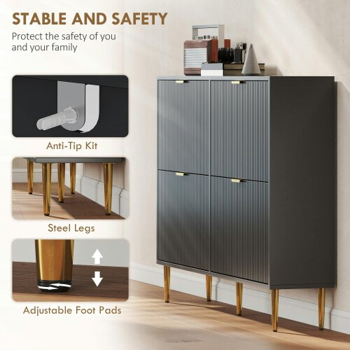 Wyld Haus Cofa Zimo Wooden Black Elegant 4 Ribbed Drawer Shoe Cabinet Gold Handles