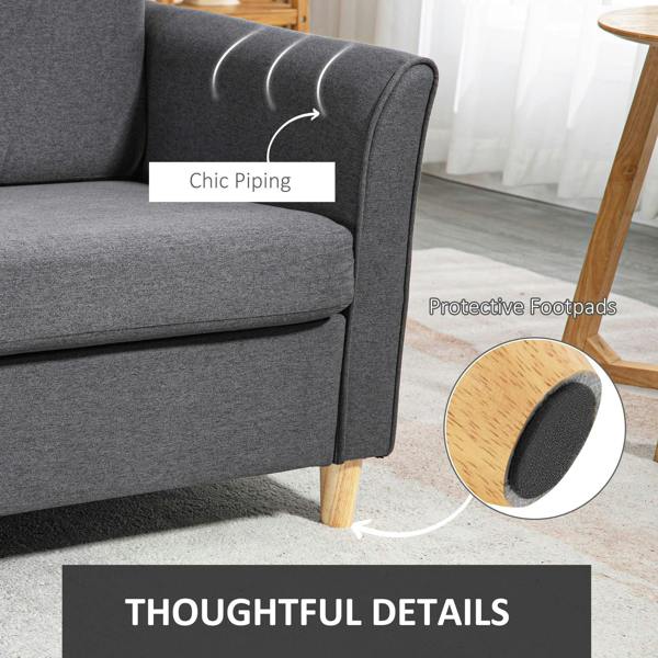 Dark grey loveseat sofa with chic piping, protective footpads, and wood legs
