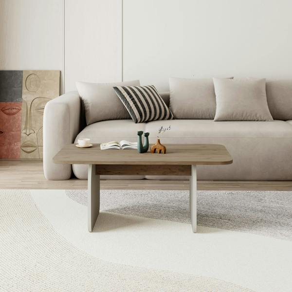 Decortie Modern Coffee Table Radius Edges with Flat Panel Legs Japandi Style Particleboard Living Room 100cm