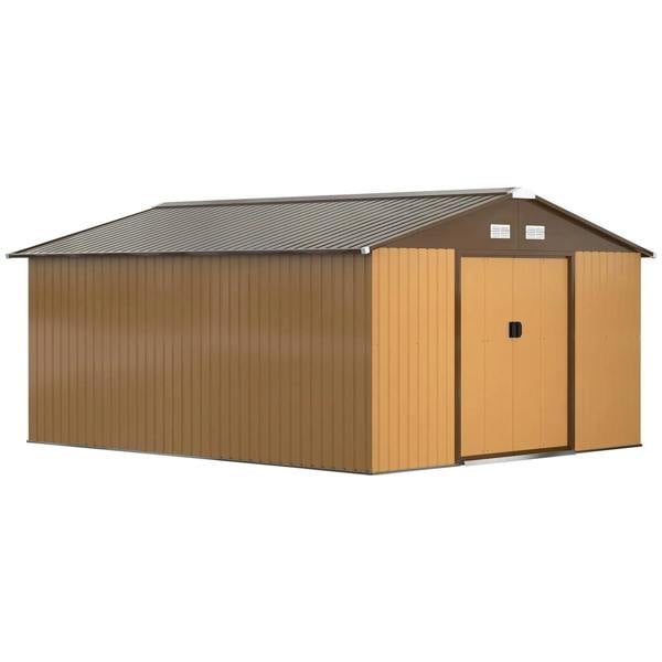 Light brown metal garden shed with double doors, vent panels, and gable roof