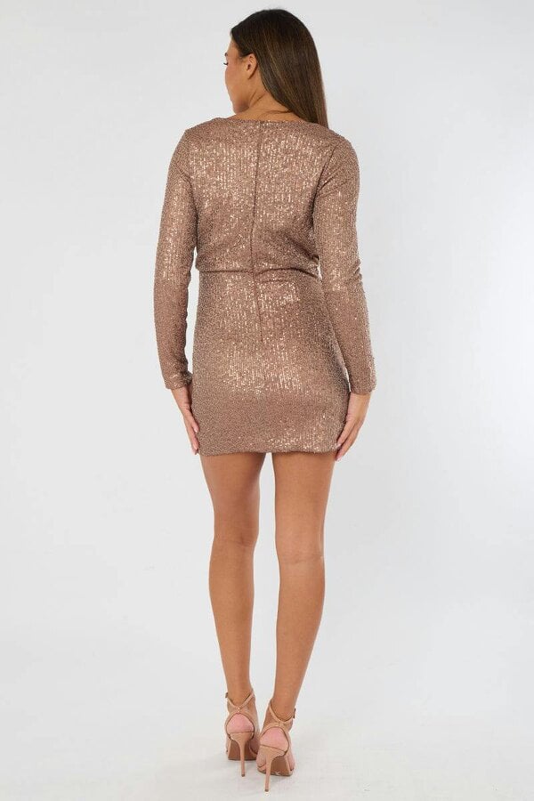 Elaina Fashion Elegant Long-Sleeve Heavy Sequin Mini Dress with Front Slit