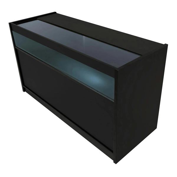 Sleek black LED retail shop counter B1500 with a glass top and illuminated display area, ideal for showcasing products