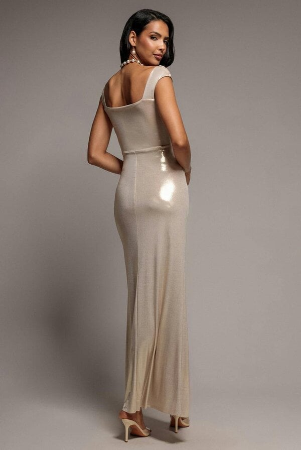 Goddiva Off The Shoulder Corset Wrap Corset Foil Maxi Dress - Gold by Goddiva