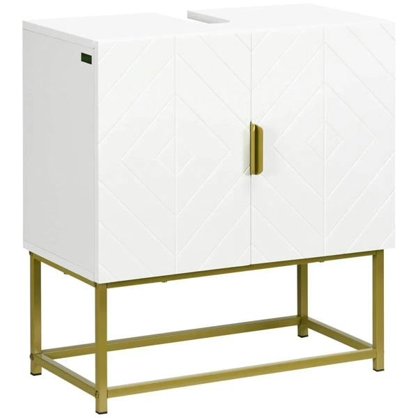 White under-sink storage cabinet with 2 doors, geometric panels, and gold steel legs