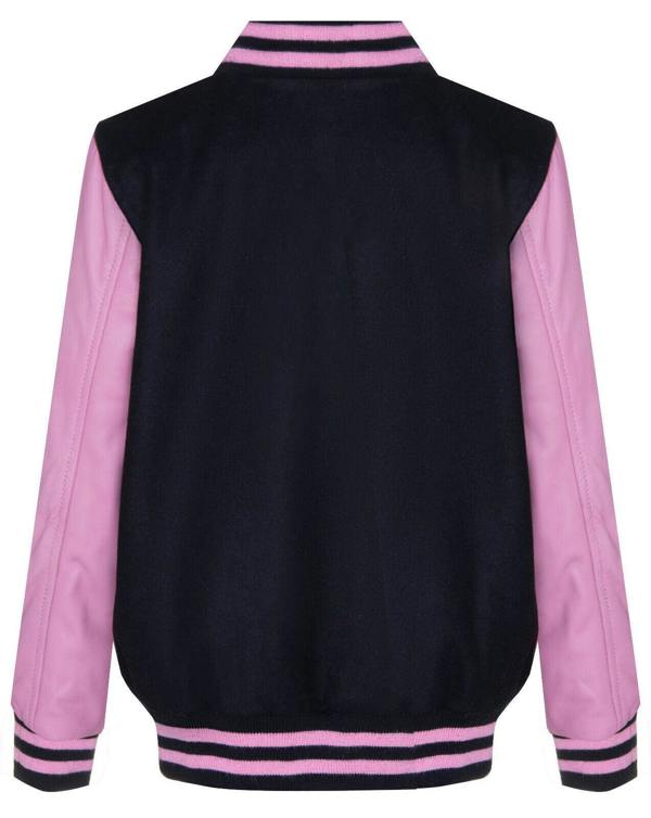 Infinity Leather Kids Varsity Black & Pink Bomber Jacket with Real Leather Sleeves 3-13 yrs