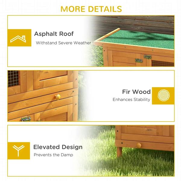 Wooden guinea pig hutch with asphalt roof, fir wood construction, and raised base