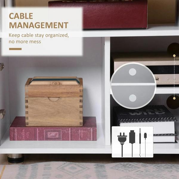 TV cabinet interior with cable management area and open shelf compartments