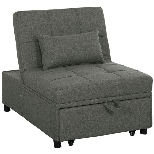 Dark grey upholstered sleeper chair with headrest, cushioned seat, caster legs.