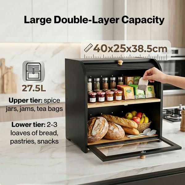 Toque Bread Box  2-Tier Large Capacity Roll Top  Black Bamboo  Acrylic Door