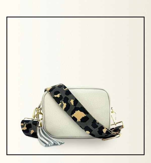 Apatchy London The Tassel Light Grey Leather Crossbody Bag with Grey Leopard Strap