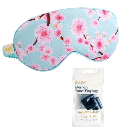 SMUG Satin Sleep Mask - Cherry Blossom Print - Sleep Mask & Black Earplugs