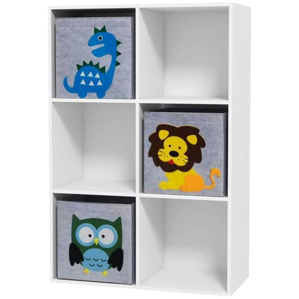 Kids toy storage cabinet, white, with open compartments and three fabric drawers with animal prints
