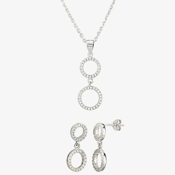 T. H. Baker Silver Double Cubic Zirconia Halo Pendant and Dropper Earring Set SET12519